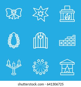Decor icons set. set of 9 decor outline icons such as bow, fireworks, garland, fireplace, candlestick, brick wall, gate
