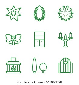 Decor icons set. set of 9 decor outline icons such as wardrobe, bow, fireworks, garland, fireplace, tree, candlestick