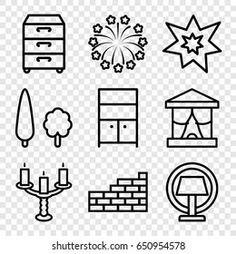 Decor icons set. set of 9 decor outline icons such as wardrobe, nightstand, fireworks, tree, candlestick, table lamp, brick wall