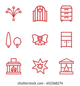 Decor icons set. set of 9 decor outline icons such as wardrobe, bow, nightstand, fireworks, fireplace, tree, gate