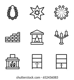 Decor icons set. set of 9 decor outline icons such as wardrobe, cupboard, fireworks, garland, fireplace, candlestick, brick wall
