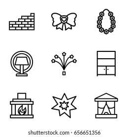 Decor icons set. set of 9 decor outline icons such as bow, cupboard, fireworks, garland, fireplace, table lamp, brick wall