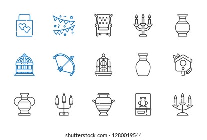 decor icons set. Collection of decor with candelabra, vase, bird house, bird cage, bow, armchair, garlands, wedding gift. Editable and scalable decor icons.