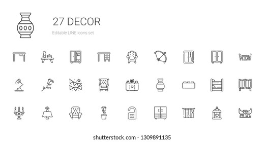 decor icons set. Collection of decor with curtains, closet, room, rose, armchair, table, candelabra, bricks, vase, pocket, garland, desk lamp. Editable and scalable decor icons.