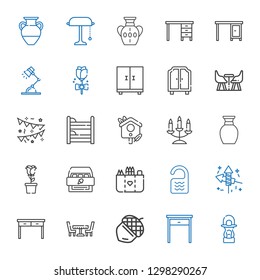 decor icons set. Collection of decor with lantern, table, acorn, fireworks, room, pocket, cabinet, rose, vase, candelabra, bird house, bunk. Editable and scalable decor icons.