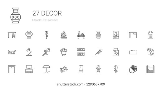 decor icons set. Collection of decor with rose, lantern, vase, garlands, desk lamp, cupboard, table, wedding gift, fireworks, bunk, acorn, bird house. Editable and scalable decor icons.