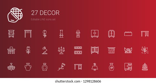 decor icons set. Collection of decor with vase, table, rose, chandelier, curtains, room divider, cupboard, candelabra, desk lamp, wardrobe. Editable and scalable decor icons.