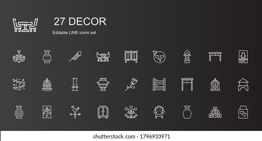 decor icons set. Collection of decor with vase, armchair, wedding bells, wardrobe, weathercock, cabinet, table, bunk, rose, bird cage, garlands. Editable and scalable decor icons.