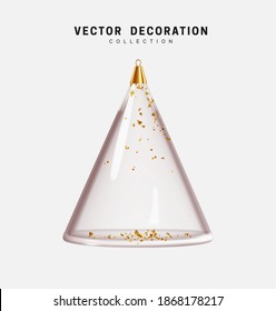 Decor isolated Realistic 3d object. Glass Christmas and New Year's decorative toy bauble in the shape of conical abstract Christmas tree and glitter golden confetti. Vector illustration