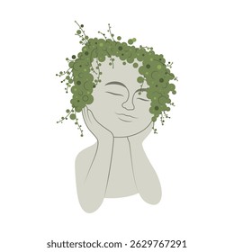 Decor item. Plant pot in the form of a statue with a peaceful face. Perfect for botanical decor, spa or zen illustrations.