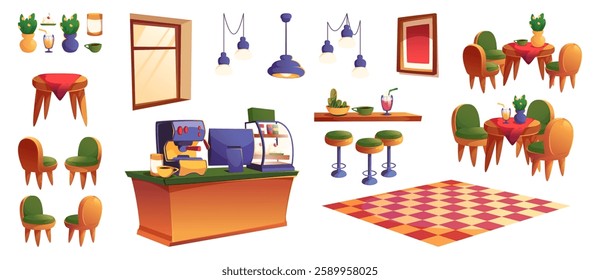 Decor items for cafeteria, cartoon shop interior elements. Vector tables and wooden chairs with soft upholstery, window and picture, showcase with sweets and coffee machine, cash register and lights