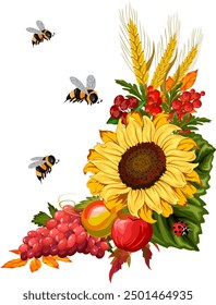 Decor made of sunflowers and fruits.Vector illustration with sunflower, berries, fruits and bees on transparent background.