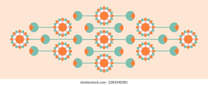 Decor from modern geometry flowers. Orange and green ornament. Colorful Flowers. Abstract style. Retro elements.
