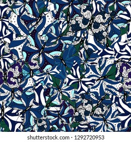 Decor on black, white and blue background for clothing design. Vector illustration. Seamless background of colorful butterflies.