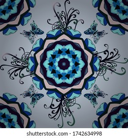 Decor on blue, gray and neutral background for clothing design. Vector illustration. Seamless background of colorful butterflies.