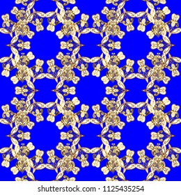 Decor on blue, white and brown background for clothing design. Seamless geometric pattern. Nice background. Cute texture. Abstract geometric pattern.