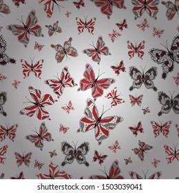 Decor on gray, white and red background for clothing design. Seamless background of colorful butterflies. Vector illustration.