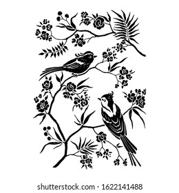 Decor in oriental style with blooming branches trees and birds. Wildlife silhouette, black ornament isolated on white background. Vector hand drawn illustration.