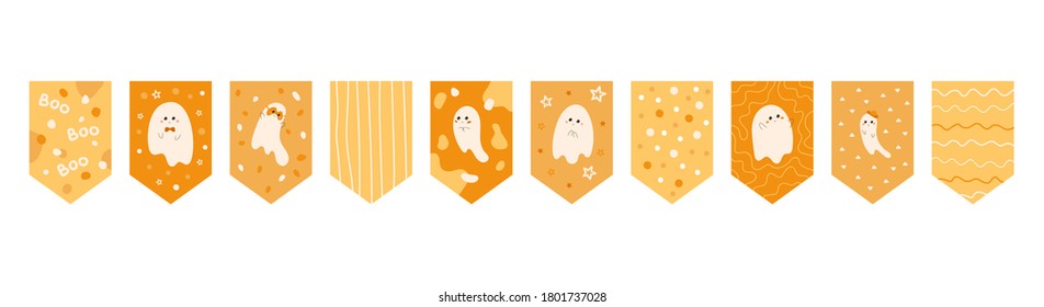 Decoración para la fiesta. Halloween marca la plantilla de guirnaldas. La mano dibujó diferentes patrones. Espíritus con caras amables de estilo plano. Cute colección de fantasmas. Conjunto de paquetes. Ilustración vectorial.