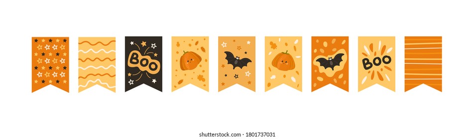 Decor for party. Halloween flags garlands template. Hand drawn different patterns. Bat and pumpkins with kind faces in flat style. Cute characters collection. Set of buntings. Vector illustration.