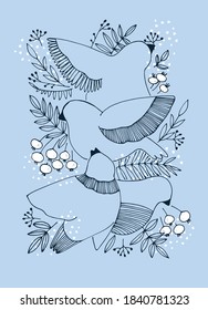 Decor printable art. Hand drawn vector illustration with birds, berries and snow on blue background. Winter concept. Design for prints, posters, cards, textile