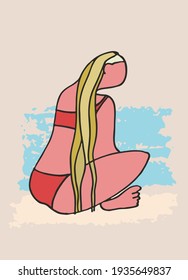 Decor printable art. Hand drawn vector illustration of long-haired woman in bikini, sitting cross-legged on the beach. Classic model pose. Line art for home interior design, prints, posters