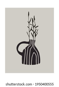 Decor printable art. Hand drawn ceramic vase with Poaceae plants on gray background. Vector illustration. Design for prints, posters, cards, textile