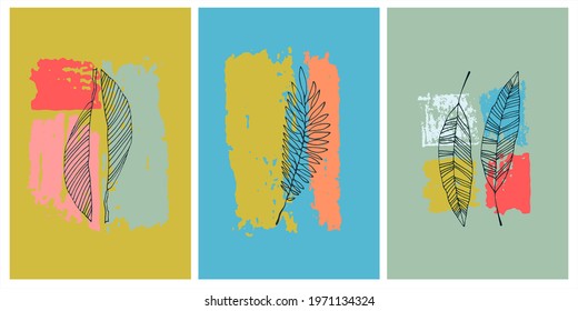 Decor printable art. Set of hand drawn vector illustrations of tropical leaves on abstract backgrounds with brushstroke textures for home interior design. Contemporary art for prints, cards, textile