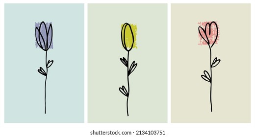 Decor printable art. Set of hand drawn flowers vector illustrations on abstract backgrounds for home interior design. Contemporary art for prints, posters, cards, textile