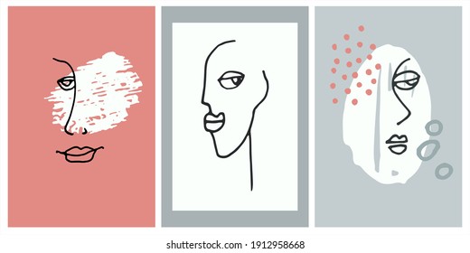 Decor printable art. Set of surreal female portraits, triptych for home interior design. Contemporary face line art for prints, posters, textile