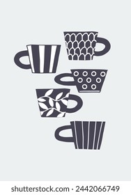 Decor printable art. Vector illustration. Design for prints, posters, cards, textile. Hand drawn potter coffee cups. Isolated background