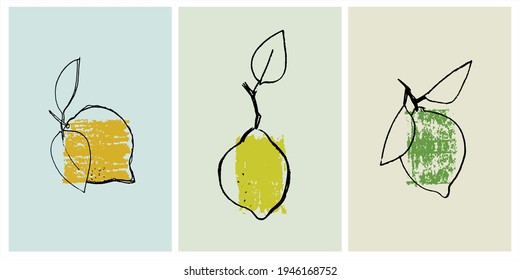 Decor printable line art. Set of hand drawn vector illustrations of lemons. Contemporary design for prints, posters, cards, textile