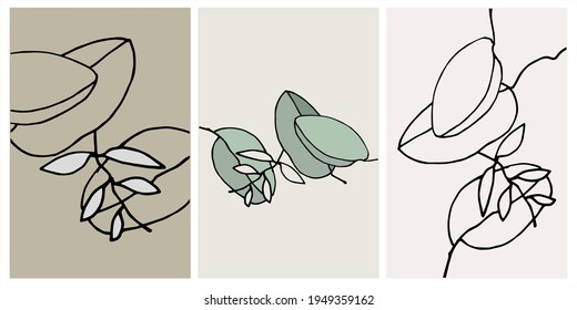 Decor Printable Line Art. Set Of Hand Drawn Vector Illustrations Of Australian Eucalyptus Leaves. Contemporary Design For Prints, Posters, Cards, Textile