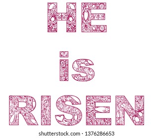 Decor purple doodle art text He is risen with plans, flowers, fishes, crosses, olive and hearts
