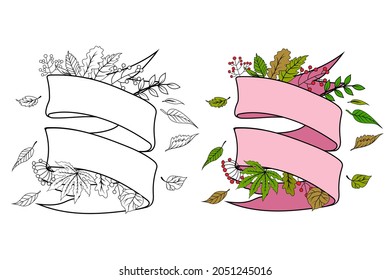 Decor ribbon | Hand painted green branches, leaves, petal elements | For design template,invitation | Vector Illustration