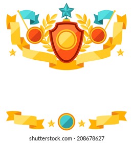 Decor with ribbons and awards in flat design style.