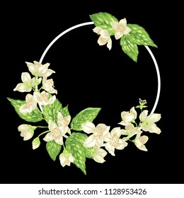 Decor ring element with branches of jasmine with flowers and leaves in realistic vector graphic illustration