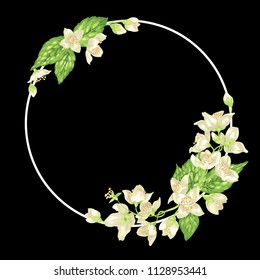 Decor ring element with branches of jasmine with flowers and leaves in realistic vector graphic illustration