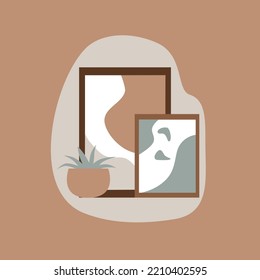 Decor set in beige color from a frame, vase,  growths against a spot