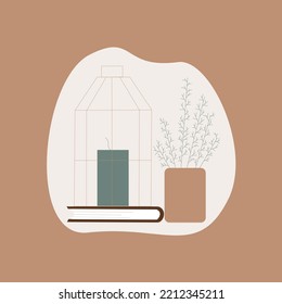 Decor set in beige color from a vase, books,  growths, candles against a spot