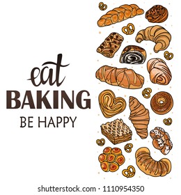 Decor for a shop or cafe with pastries, bread, baking. Bakery store, bread house, handwritten illustration with lettering. Signboard, vector