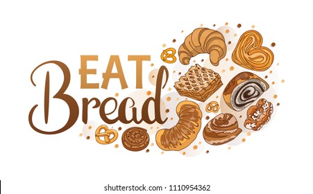 Decor for a shop or cafe with pastries, bread, baking. Bakery store, bread house, handwritten illustration with lettering. Signboard, vector