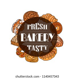 Decor for a shop or cafe with pastries, bread, baking. Bakery store, bread house, handwritten illustration with lettering. vector