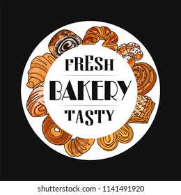 Decor for a shop or cafe with pastries, bread, baking. Bakery store, bread house, handwritten illustration with lettering. Signboard, vector, ring