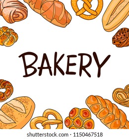 Decor for a shop or cafe with pastries, bread, baking. Bakery store, bread house, handwritten illustration with lettering. Signboard, vector
