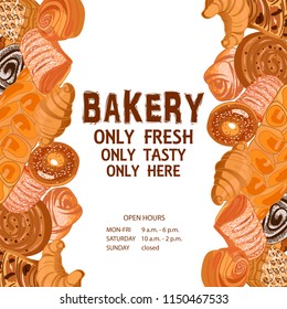 Decor for a shop or cafe with pastries, bread, baking. Bakery store, bread house, handwritten illustration with lettering. Signboard, vector