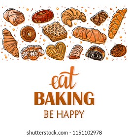 Decor for a shop or cafe with pastries, bread, baking. Bakery store, bread house, handwritten illustration with lettering. Signboard, vector