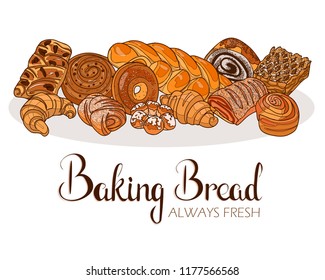 Decor for a shop or cafe with pastries, bread, baking. Bakery store, bread house, handwritten illustration with lettering. Signboard, vector