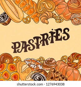 Decor for a shop or cafe with pastries, bread, baking. Bakery store, bread house, handwritten illustration with lettering. Signboard, vector