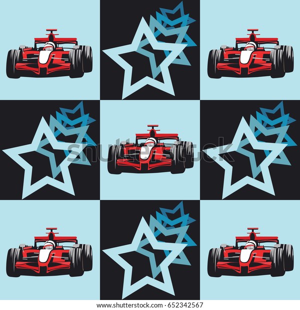 Decor from the stars and race car on the blue\
background. Pattern